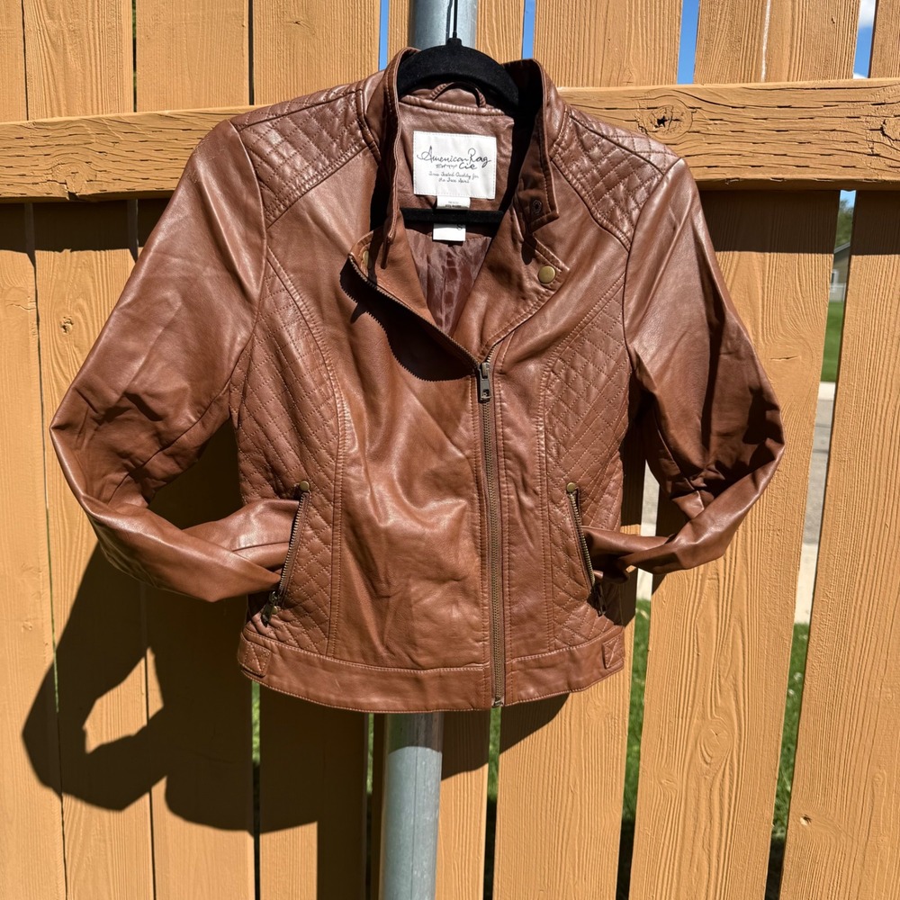 American Rag Cie Womens Cognac Brown Quilted Faux Leather Moto Biker Jacket S